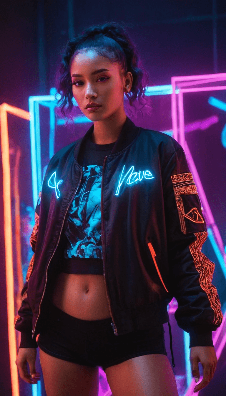 AI generated: digital art, rave fashion editorial, a beautiful woman fugure in studio neon lights, fashion, highre...