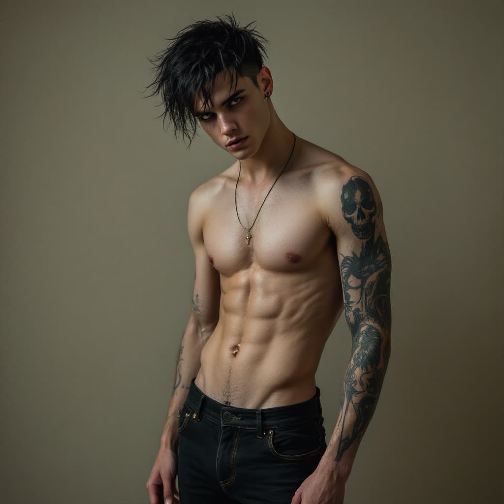 AI generated: goth boy, totally naked, slim body, bubblebutt