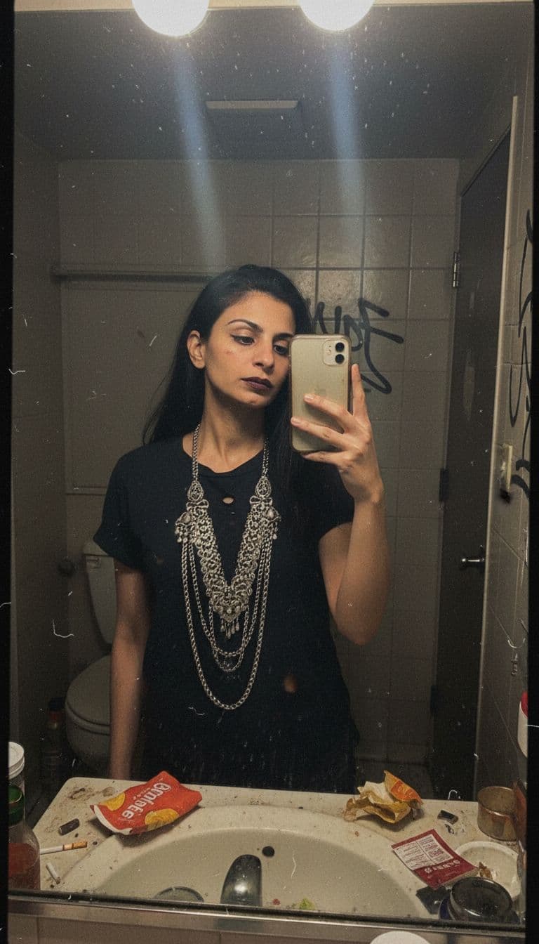 AI generated: a cute 30-year-old American lady in her bathroom taking a pic, the photo evokes a sense of edge, nih...