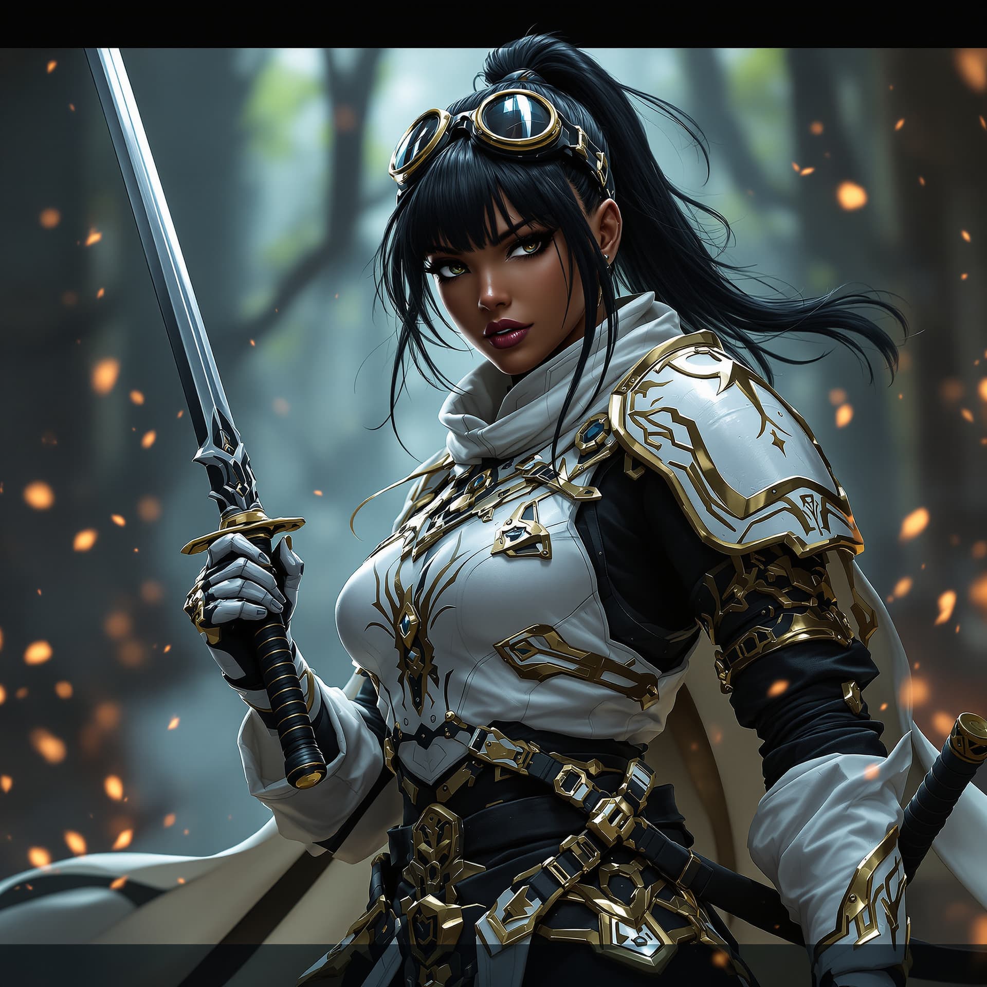 AI generated: A Black woman wearing white and gold ninja armor, holding a katana sword in a dark fantasy world, wi...