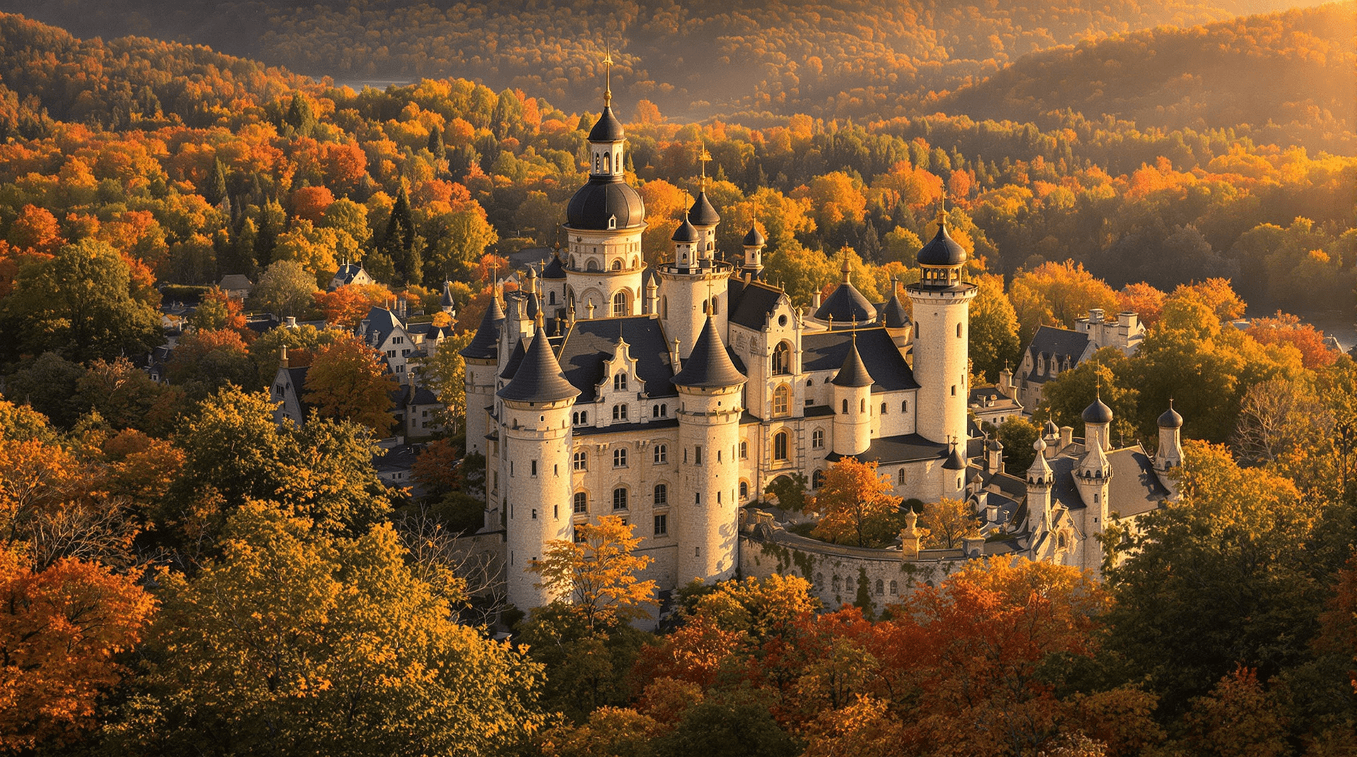 AI generated: "A lesser-known historic castle surrounded by autumn trees, golden hour lighting, ultra-detailed, ph...