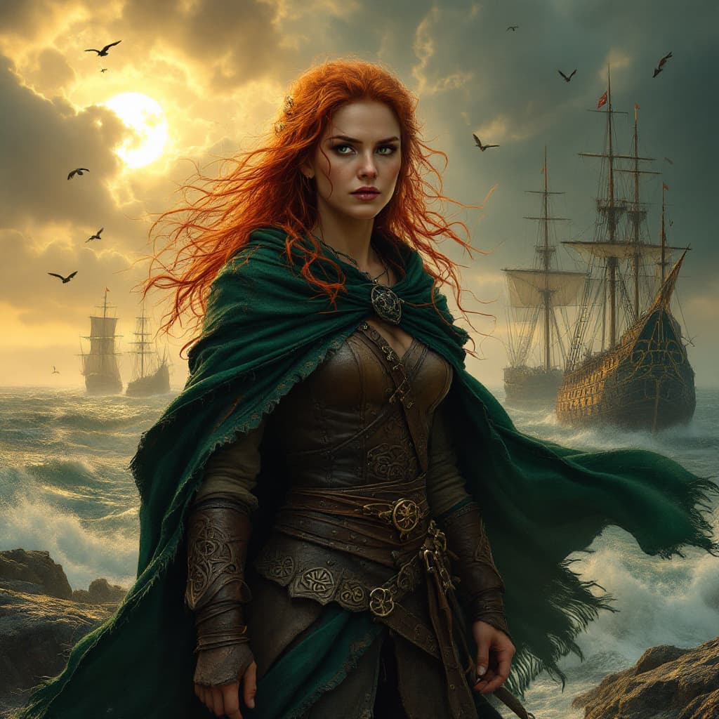 AI generated: Gráinne O'Malley, the legendary Irish pirate queen, stands defiantly at her rugged sea port, her sta...