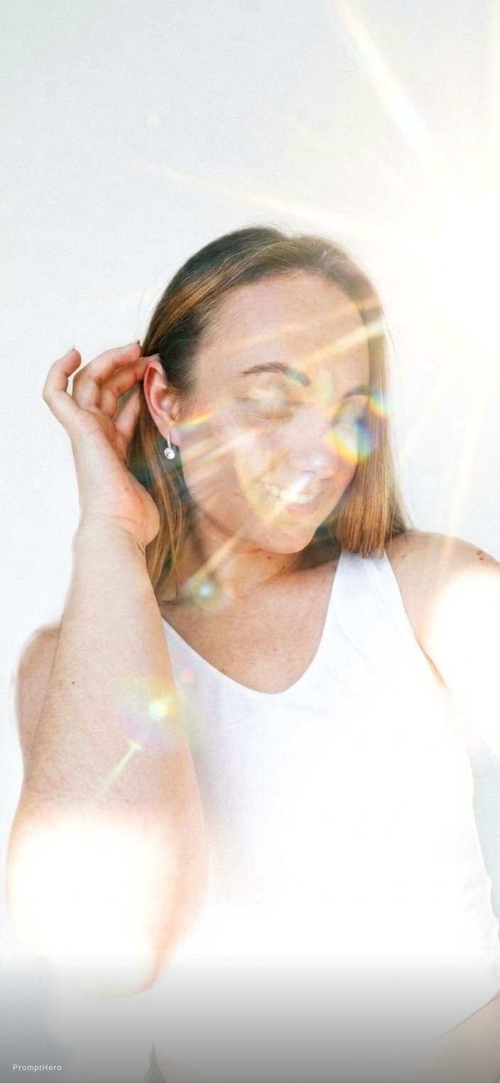 AI generated: Photograph of a female model, white background,flare all over her face, invisible --ar 4:5 --s 50 --...