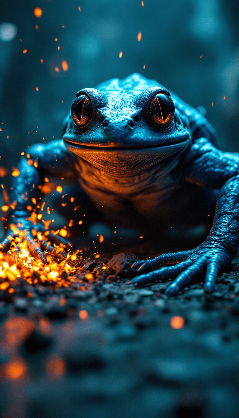 AI generated: terrifying full  shot of an intimidating radioactive atomic BLUe Warrior frog in a laboratory breaki...