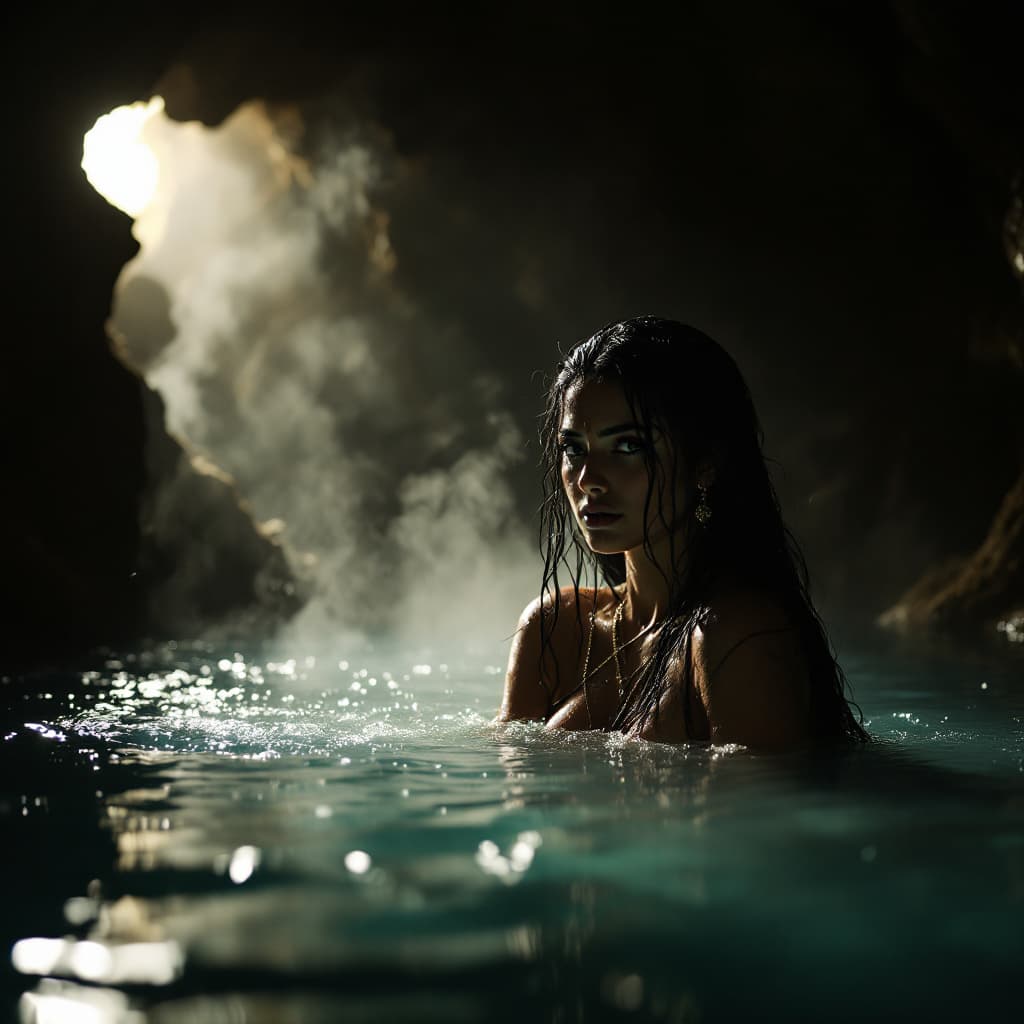 AI generated: hot spring inside a dimly lit cave, steam rises from the water, a hot beautiful Indian woman in sare...