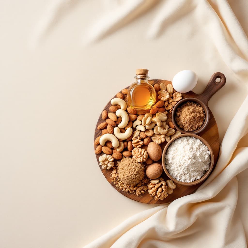 AI generated: Prompt: A top-down view of fresh organic nuts (almonds, walnuts, cashews) arranged neatly on a rusti...