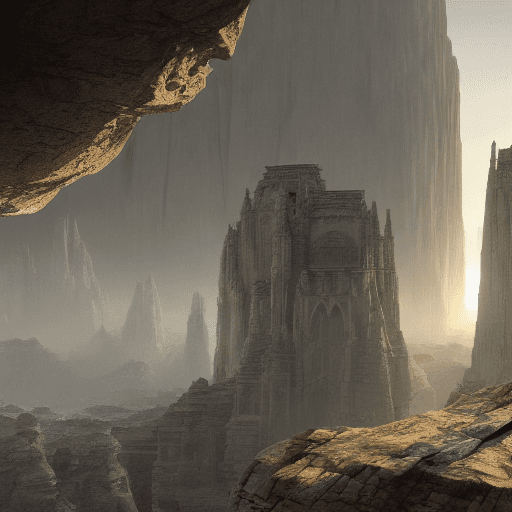 AI generated: stunning city of stone inside a gray granite canyon, fusion of star wars and gothic revival architec...