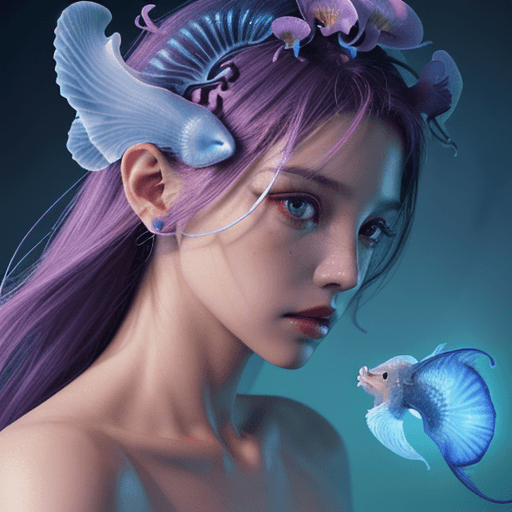 AI generated: Goddess close-up portrait ribcagel. jellyfish phoenix head, nautilus, orchid, skull, betta fish, bio...