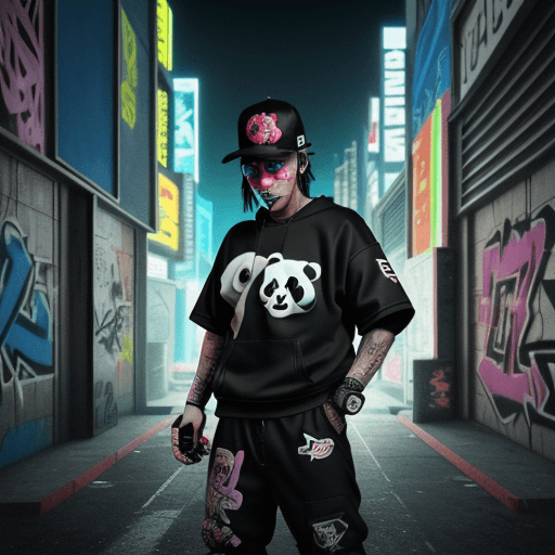 AI generated: Cyberpunk style, a panda standing wearing air jordan shoes, carrying a baseball bat, wearing a backw...