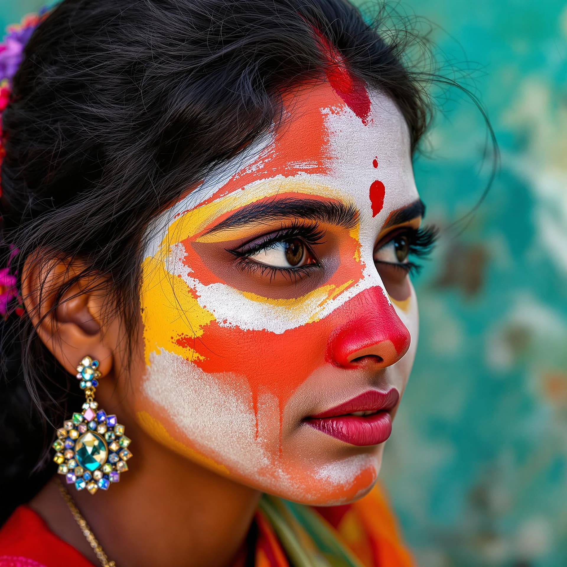 AI generated: Modern Indian Kerala girl with paint on her face, in the style of different colors, master of ink, a...