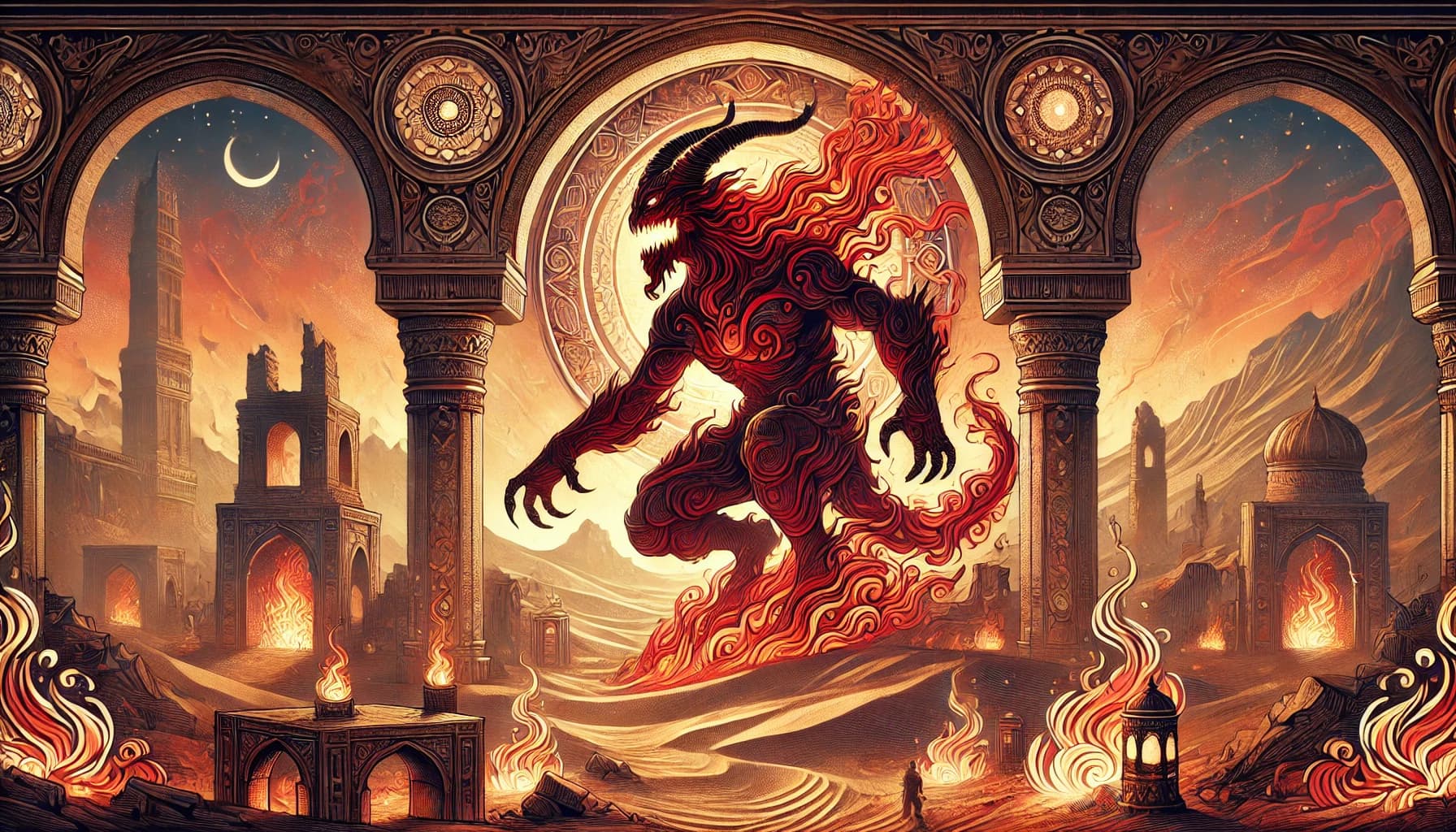 AI generated: Create a highly detailed scene featuring the legendary Ifrit (إفريت) from Arabian mythology, set in ...