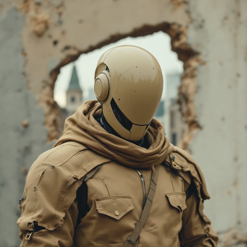 AI generated: In an apocalyptic and devastated urban setting, a medium shot of a humanoid robot standing in front ...