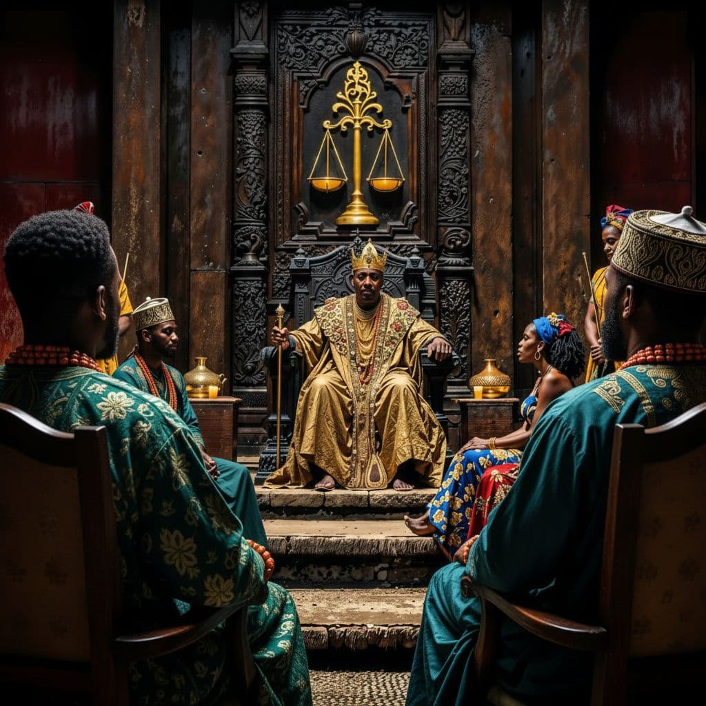 AI generated: reverse over the shoulder shot of from the left  side of both men(Man 1 (Left) – Green Royal Attire...