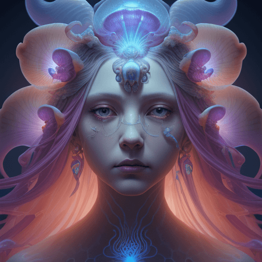 AI generated: Goddess close-up portrait ribcagel. jellyfish phoenix head, nautilus, orchid, skull, betta fish, bio...