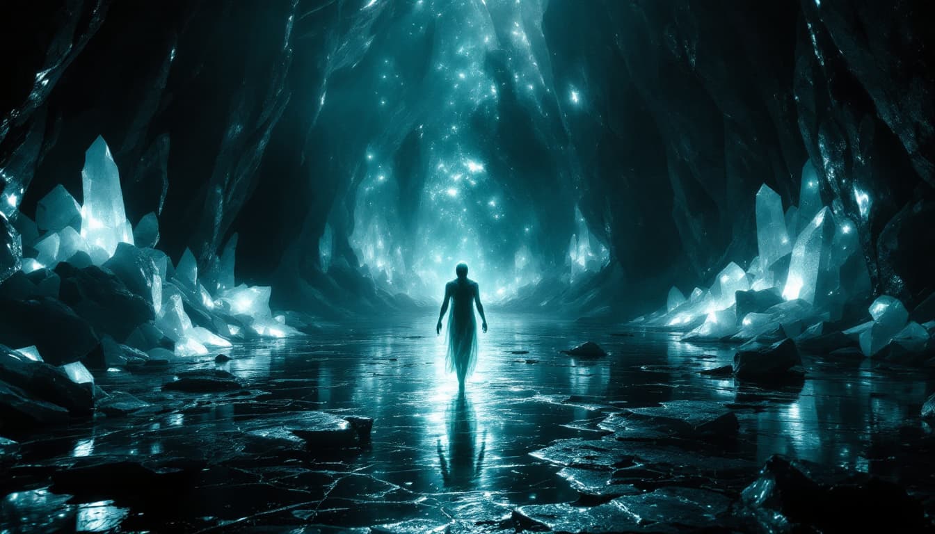 AI generated:     A faceless, translucent figure glides silently across a crumbling obsidian floor veined with fra...