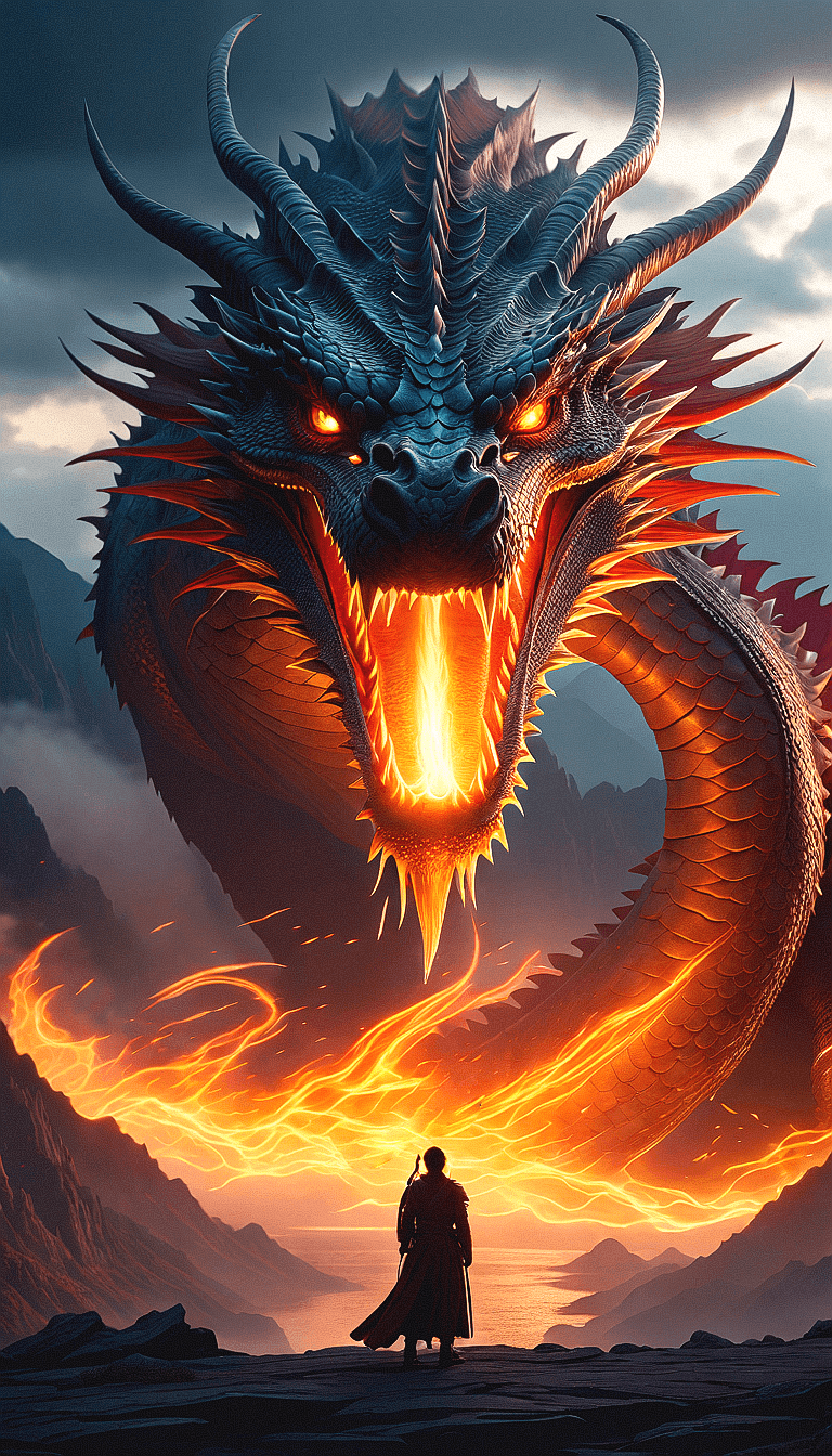 AI generated: epic landscape where a colossal dragon looms out of the stormy sky, with huge red flames comes up of...