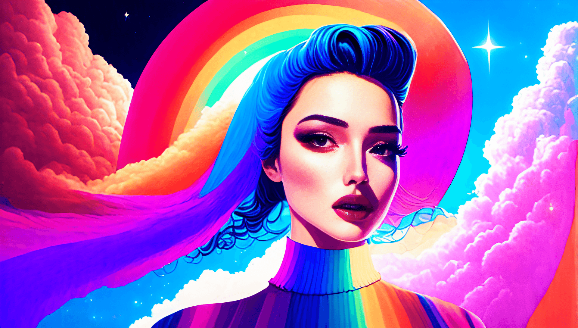 AI generated: low angle photo, close up (rainbowworld style:0.3) (postergeo style:0.3) (moderncity style:0.3) (wom...