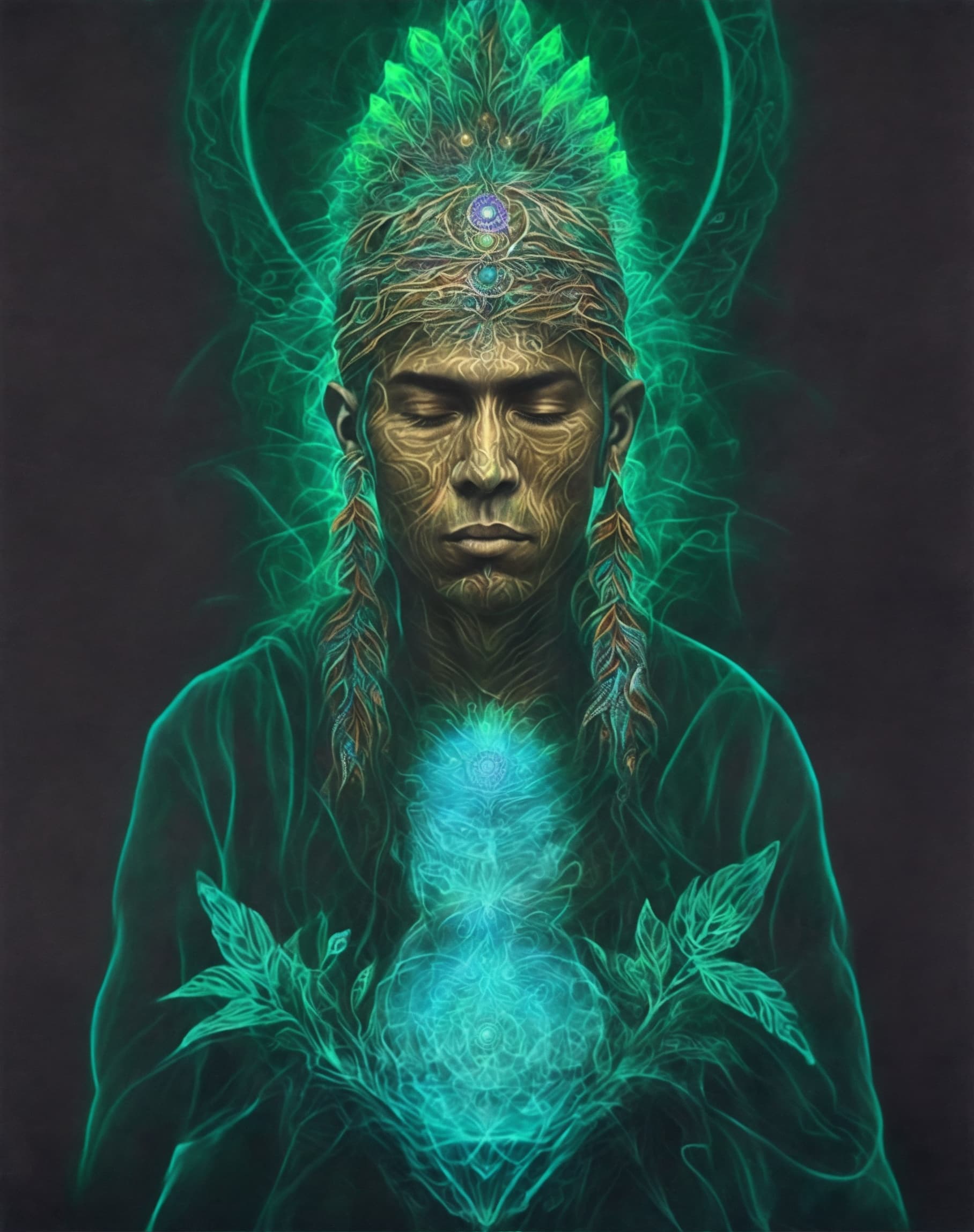 AI generated: Native American male portrait.  Incorporate elements of mandala patterns, third eyes, mandala, chakr...