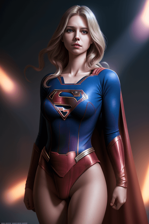 AI generated: female dressed as supergirl, lingerie, starship background, (((full body visible))), looking at view...