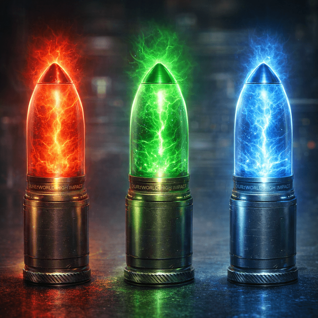 AI generated: Use the reference image to create an image of Sci-fi energy rounds for engery weapon cartages in Red...
