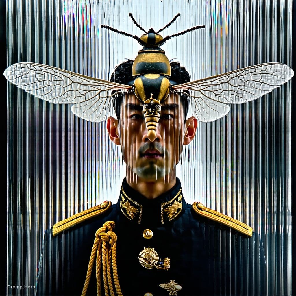 AI generated: front central profile, humanoid male figure facing front, gaze to front, wearing an ornate dark mili...