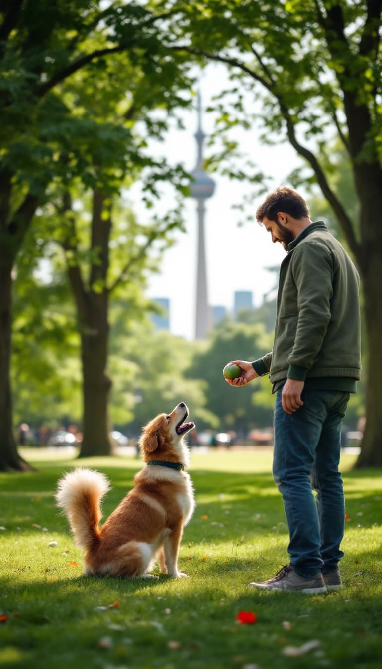 AI generated: A man is playing with his dog in a park. He holds a ball in his hand, ready to throw it, while the d...