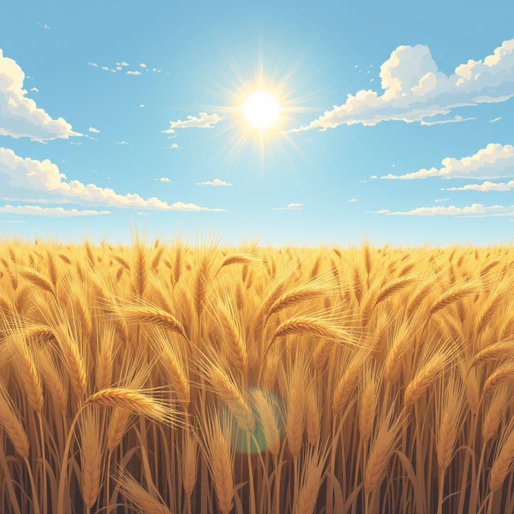 AI generated: A landscape image depicting a wheat field, Blue calm sky with some clouds and the sun in an anime dr...