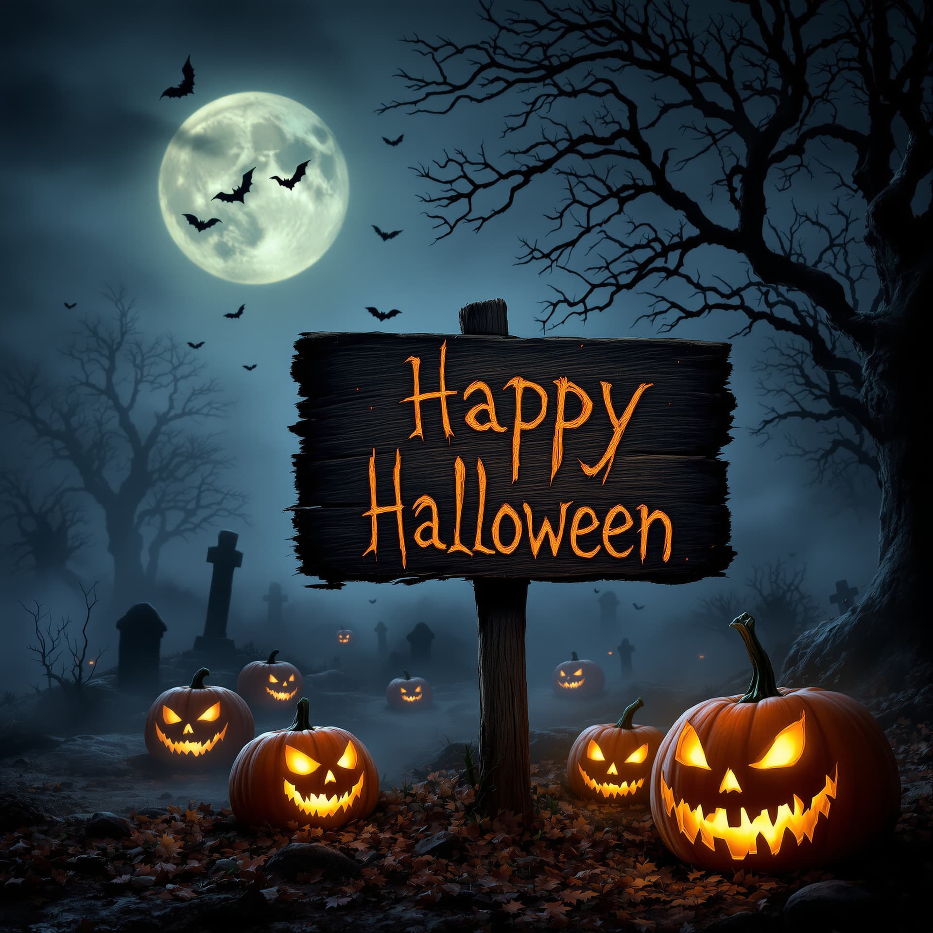 AI generated: dark horror halloween poster, creepy haunted pumpkins with glowing eyes, old wooden sign in the scen...