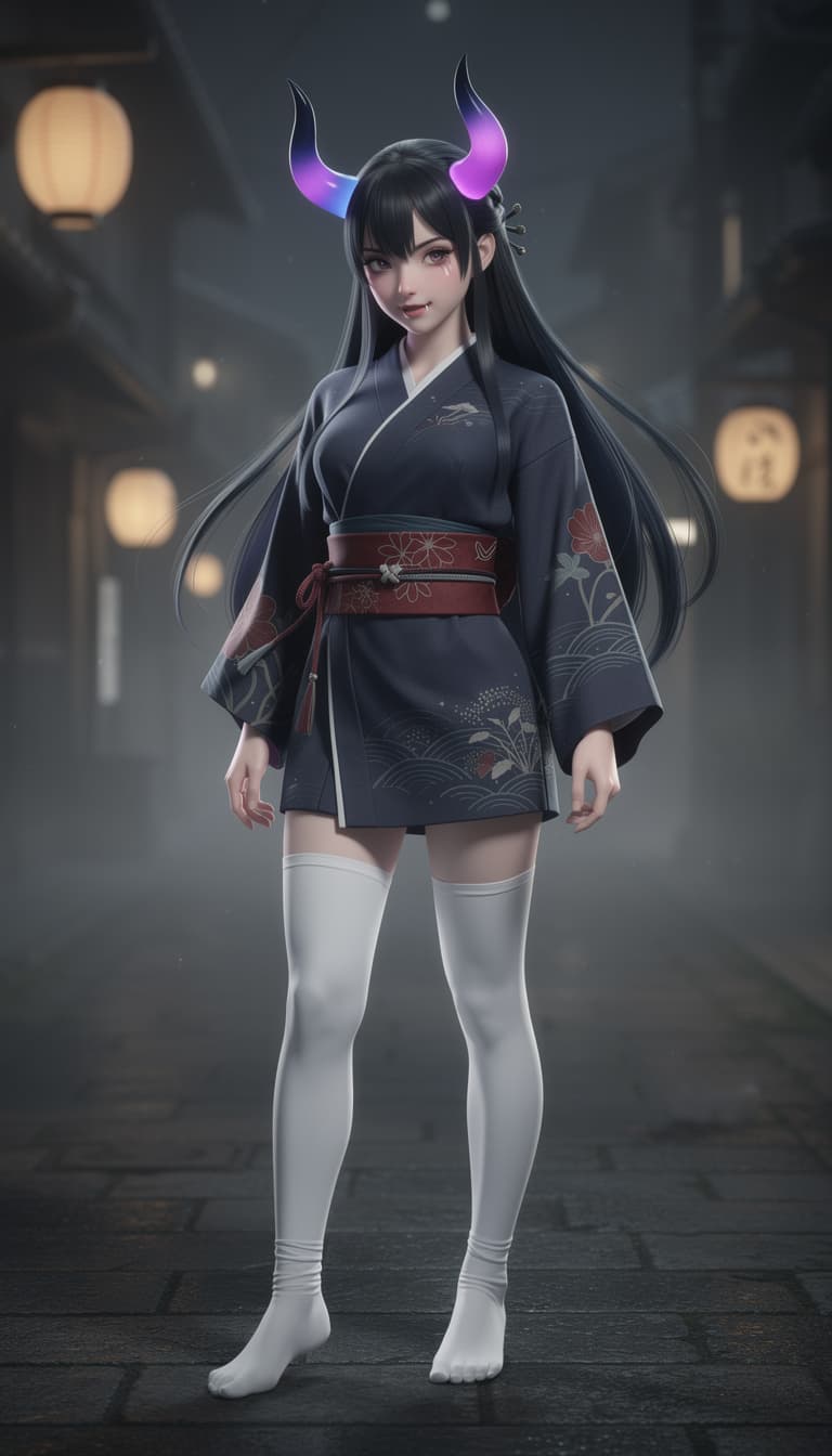 AI generated: Full body long shot of a beautiful female Japanese Oni, with two color gradient horns, Blue with pur...