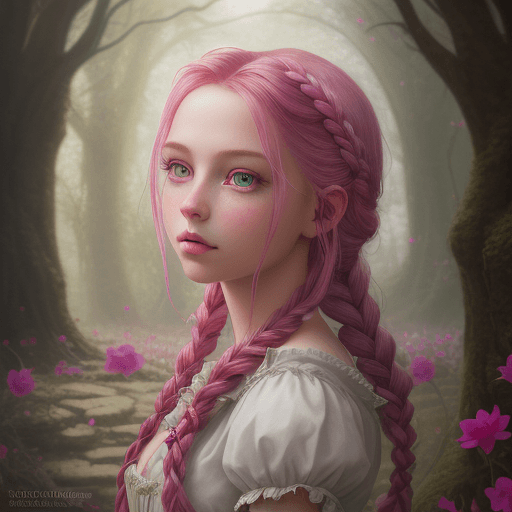 AI generated: Enchanting and ethereal portrayal of a charming girl with a fuchsia braid, featuring hyperrealistic ...