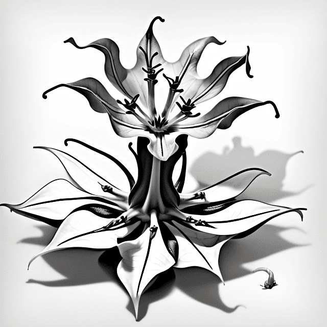 AI generated: Design of a stylized datura flower with a maggot on top of the flower , monochrome colors , white ba...