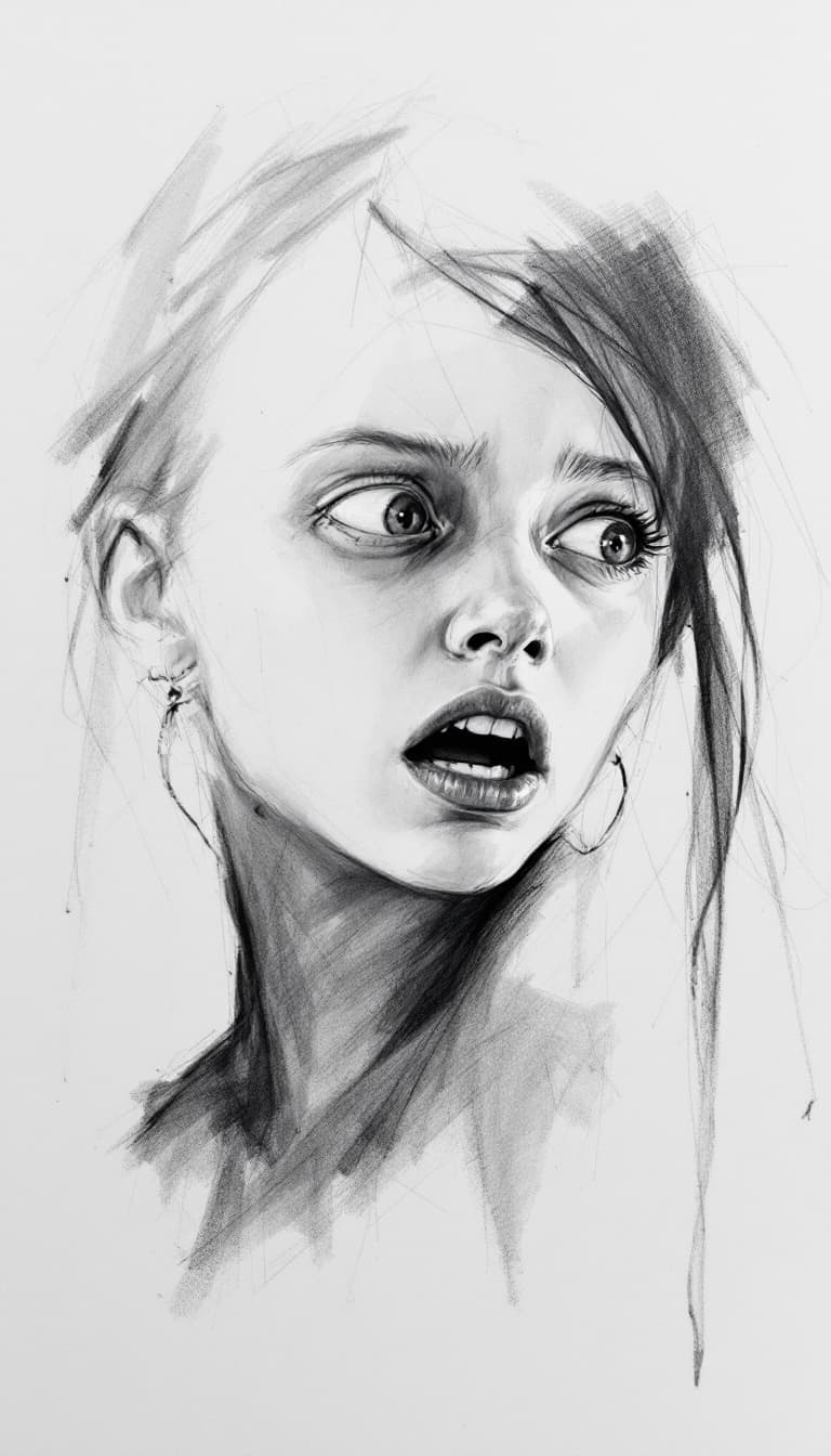 AI generated: Girl, charcoal sketch, scared