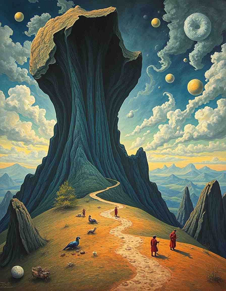 AI generated: pintura surrealista, a  shape in an extravagant mystical landscape, arte de breton e carrington e da...