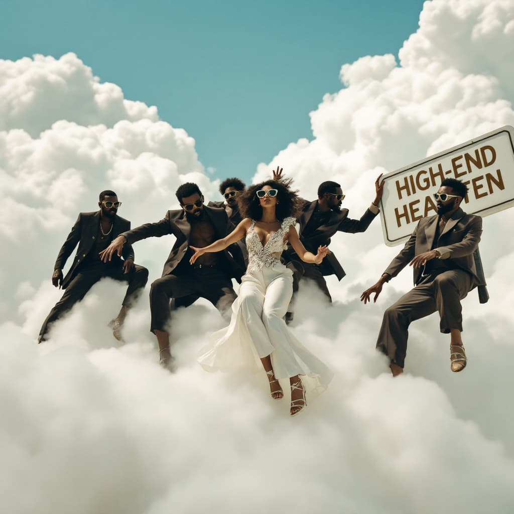 AI generated: A photo of an eccentric GROUP OF 5 BLACK MEN AND WHITE WOMEN DANCING on top of white fluffy clouds w...