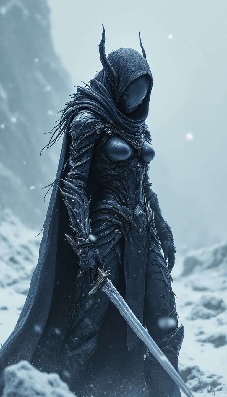 AI generated: An epic digital wallpaper of a fierce cyborg huntress in dark chitin armor, alone, no face, intricat...