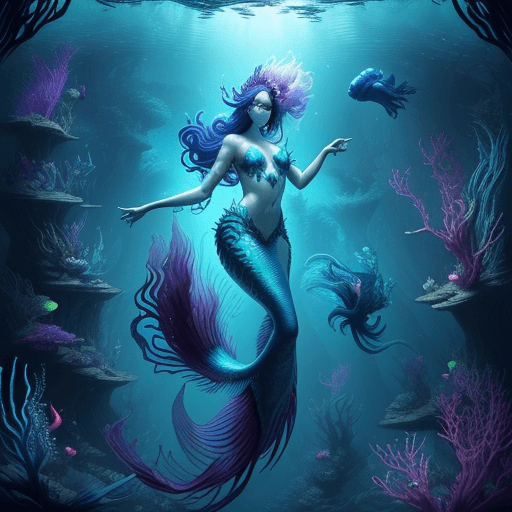 AI generated: Epic wide angle view, stunning dangerous Siren mermaid with very long Betta splendens intricate tail...