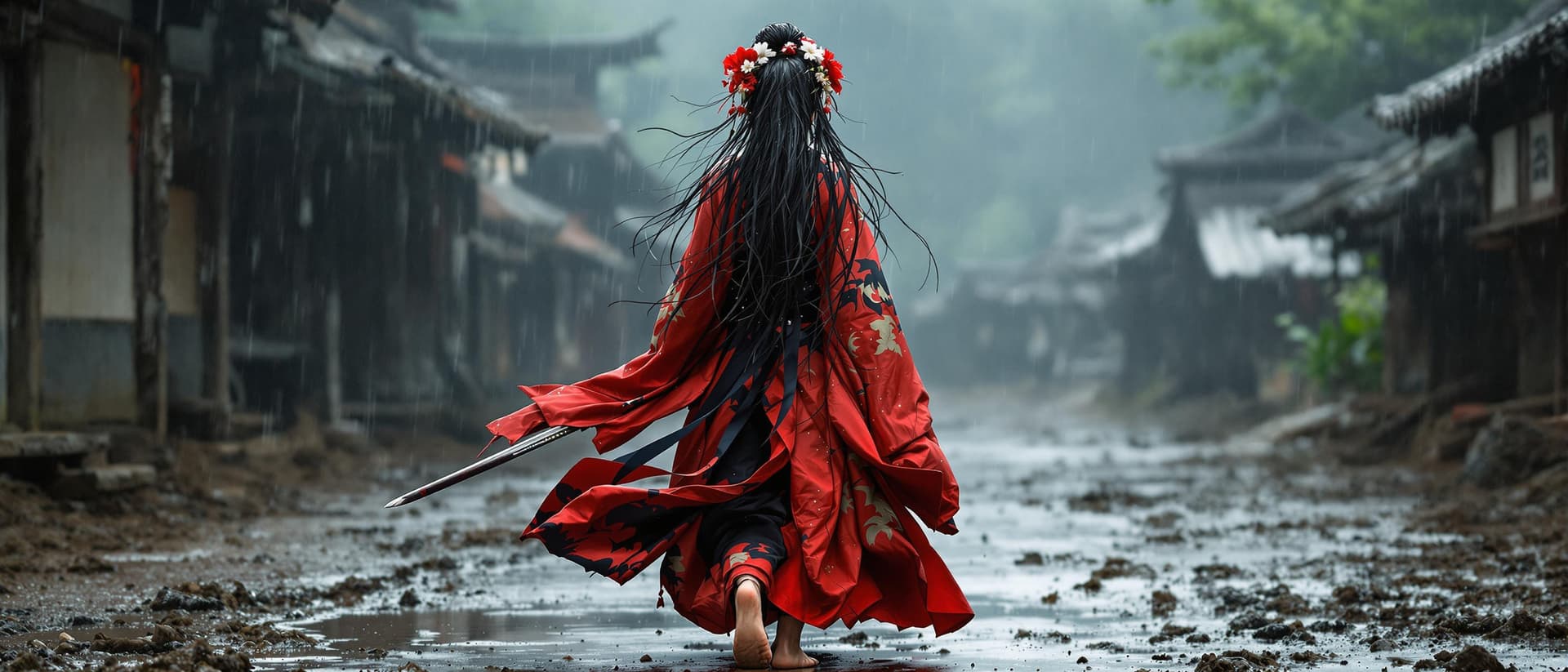 AI generated: Full body view of a fierce samurai woman of Japanese descent in a flowing red and black kimono, her ...