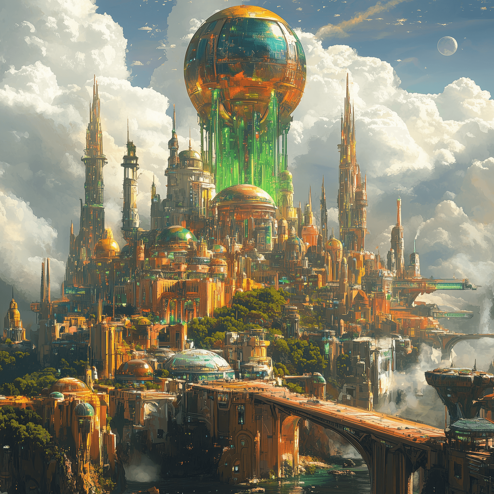 AI generated: A futuristic city with many buildings and bridges, with an island in the middle of it that has large...