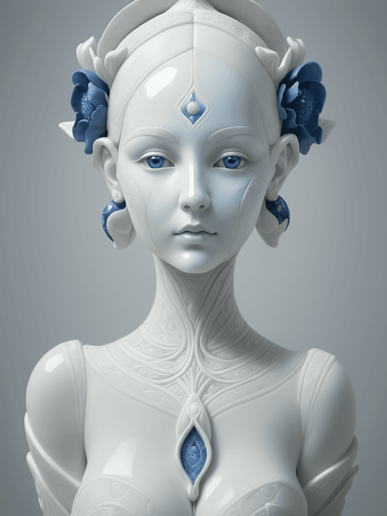AI generated: a woman made out of porcelain, in the style of balanced symmetry, white and blue, detailed facial fe...