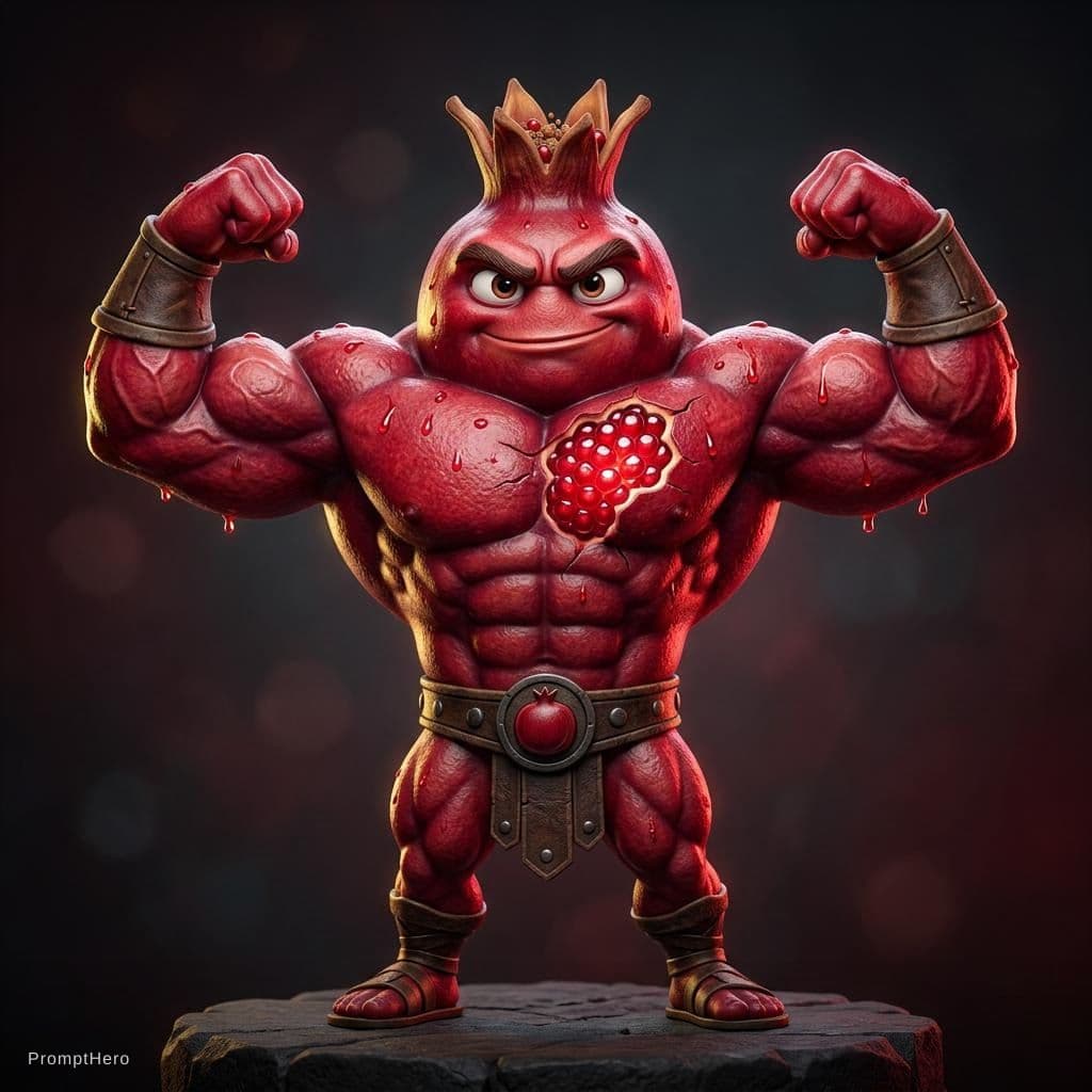 AI generated: Pixar-style 3D render, highly detailed character design. A muscular, buff pomegranate character with...