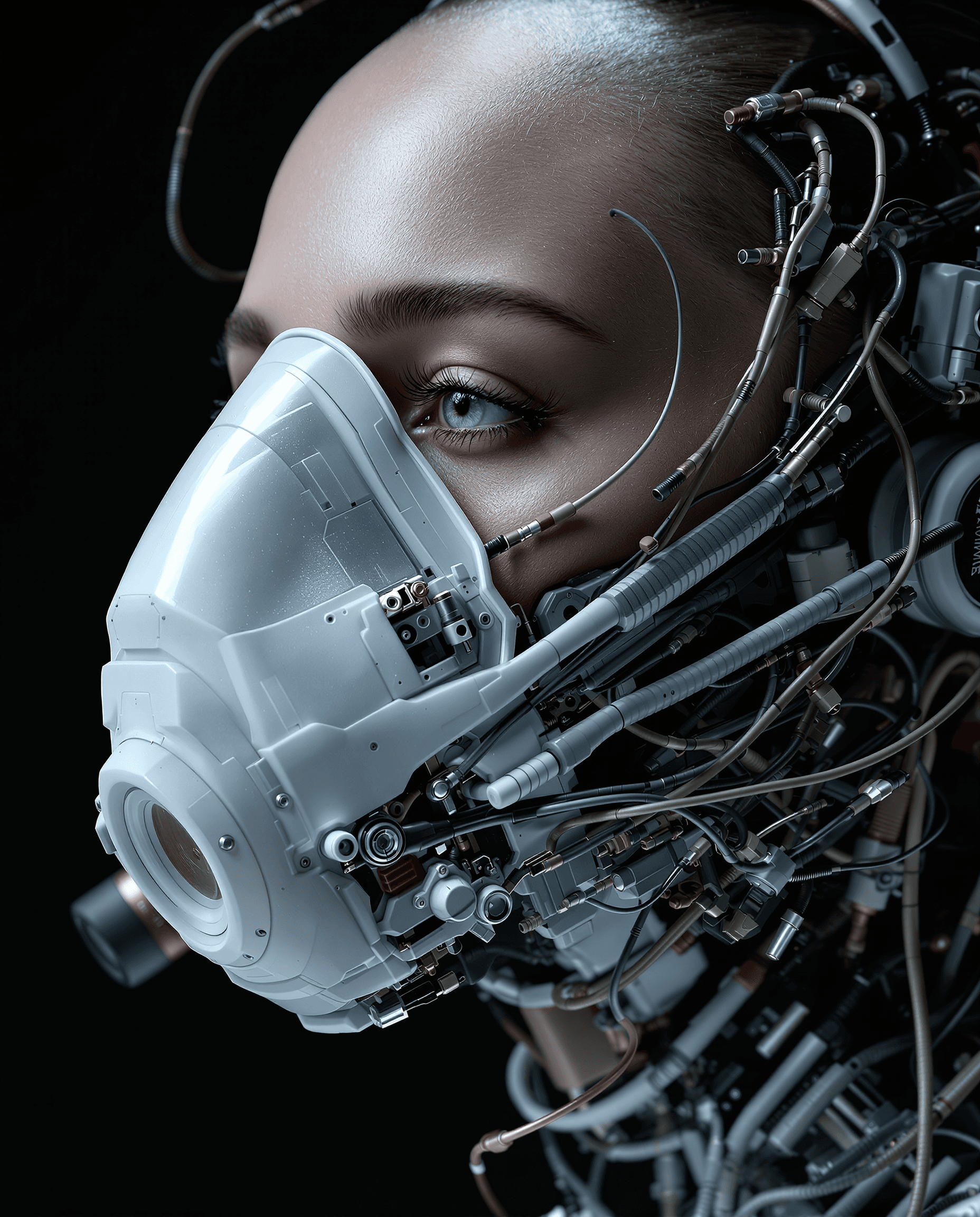 AI generated: highly detailed image of a female human face, combining elements of mostly organic and some machine,...