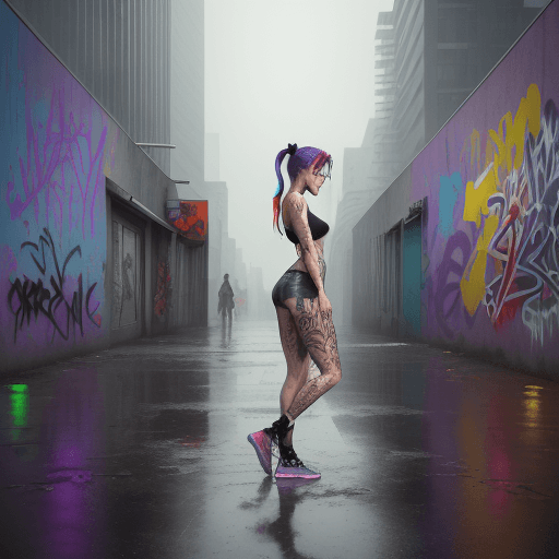 AI generated: masterpiece, concept art, centered, wide shot, front view, 1girl, wet, (rain, night), body tattoo, m...