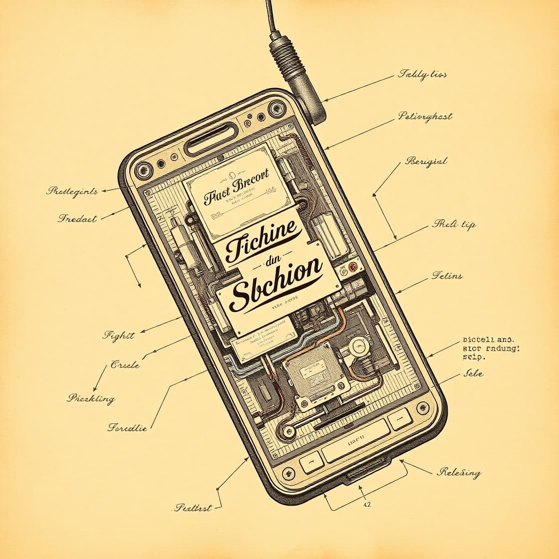 AI generated:  A detailed, vintage-inspired technical drawing of a mobile phone, reminiscent of early 20th-century...