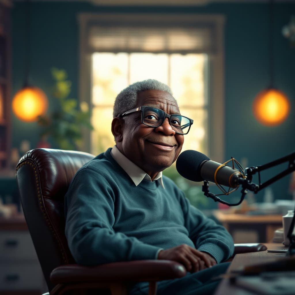 AI generated: Robert Mugabe pixar style in a podcast studio 
