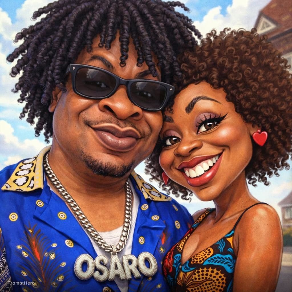 AI generated: funny caricature, adult man and woman (input Image), mid-30's, big cartoonish head, exaggerated cari...