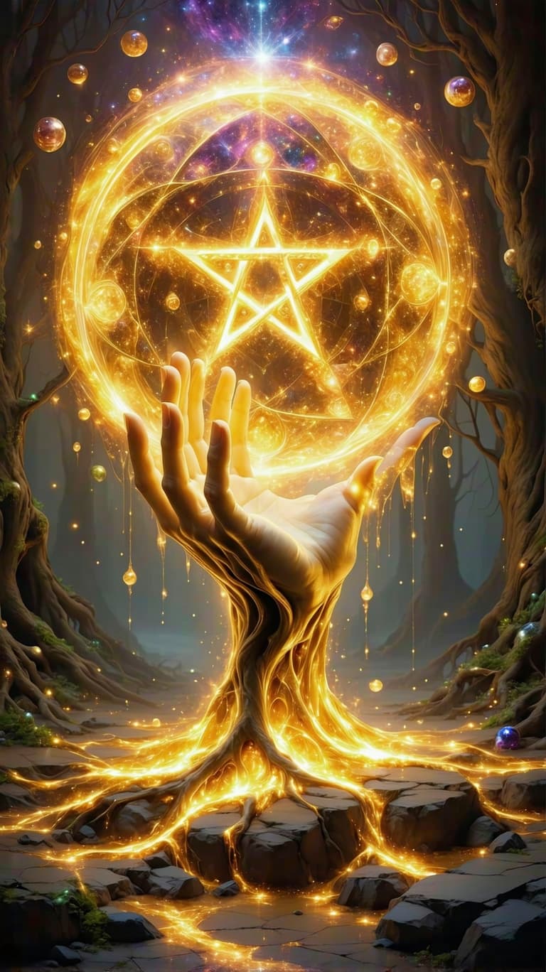 AI generated: 
A radiant golden pentacle materializes from a swirling vortex of cosmic energy, its surface shimmer...