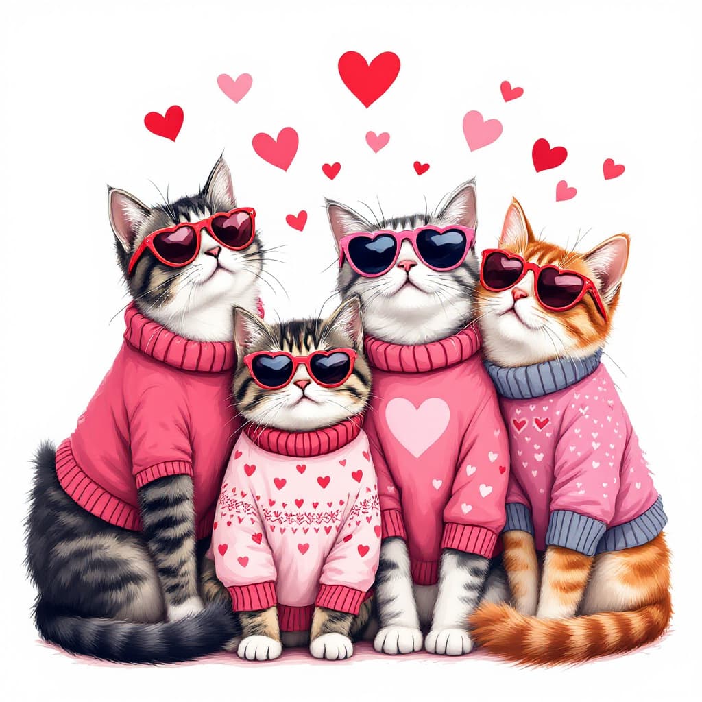 AI generated: graphic t 4 cats posing together wearing pink with red trim valentine themed sweaters, wearing heart...