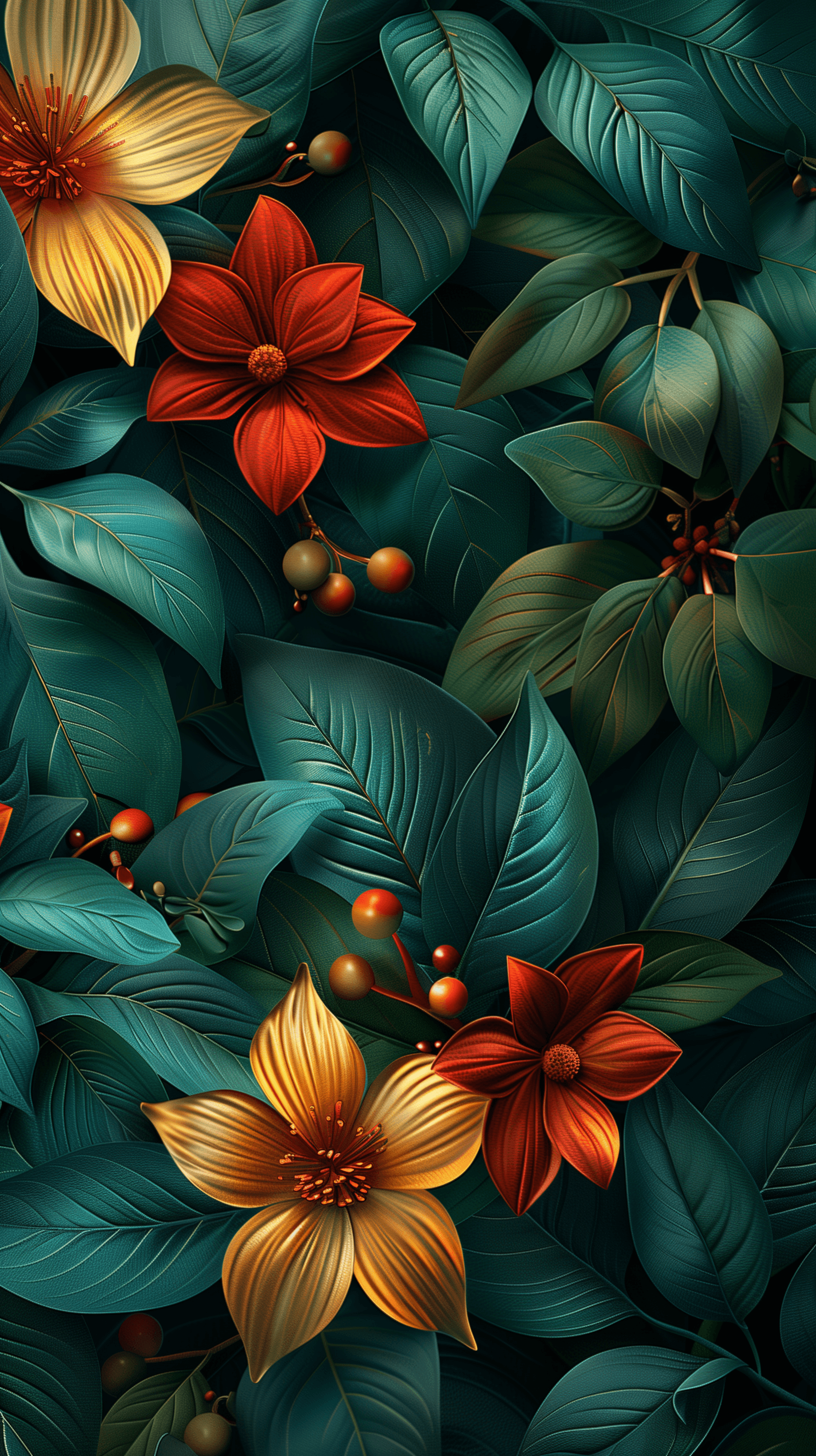AI generated: abstract art, lush foliage patterns and velvet textures on a sunlit background, curving vines in eme...