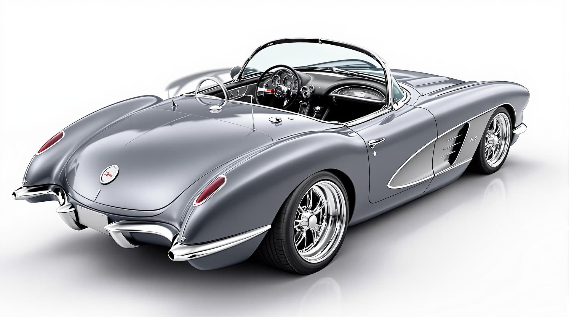 AI generated: Hyper realistic 1958 chevy corvette convertible, top rear side view, gray color, restomod with 20" d...