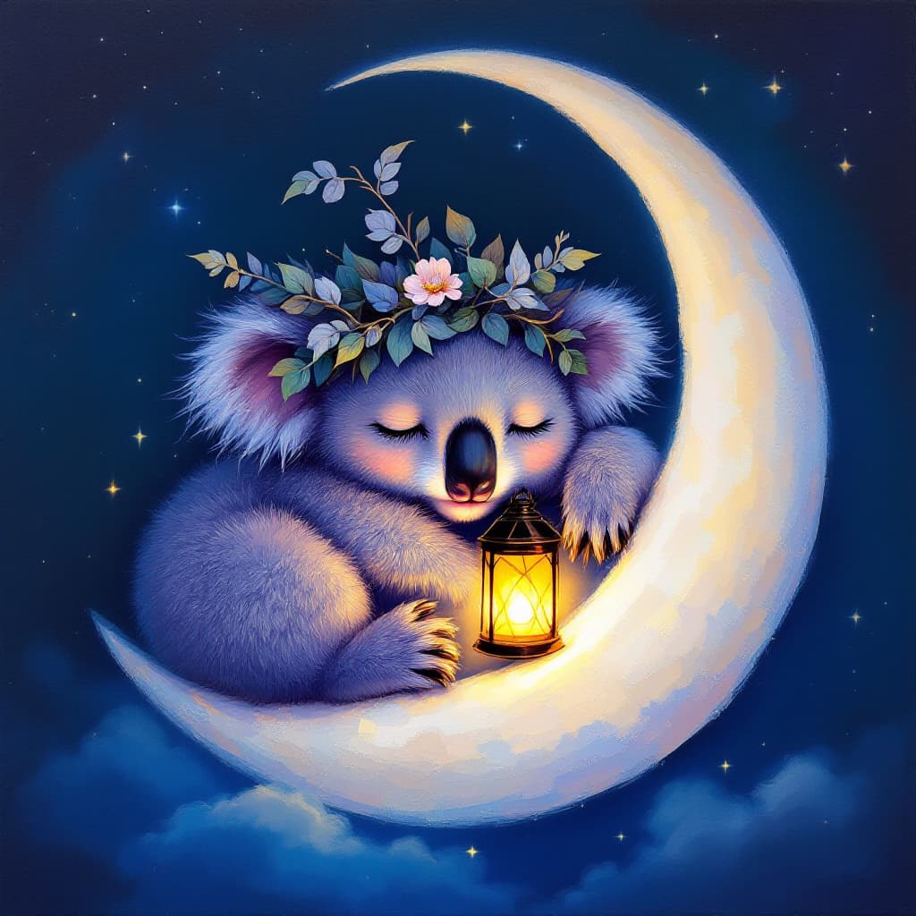 AI generated: an impasto oil painting of a sleeping koala with a eucalyptus leaf crown and glowing lantern, sleepi...